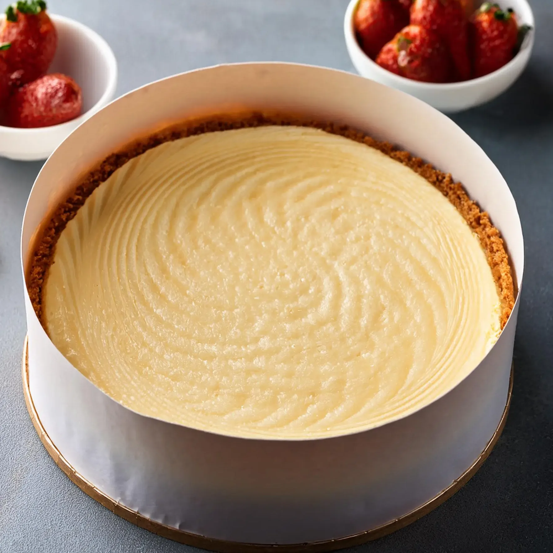 Classic Philadelphia cheesecake with a golden graham cracker crust, served with fresh strawberries on the side