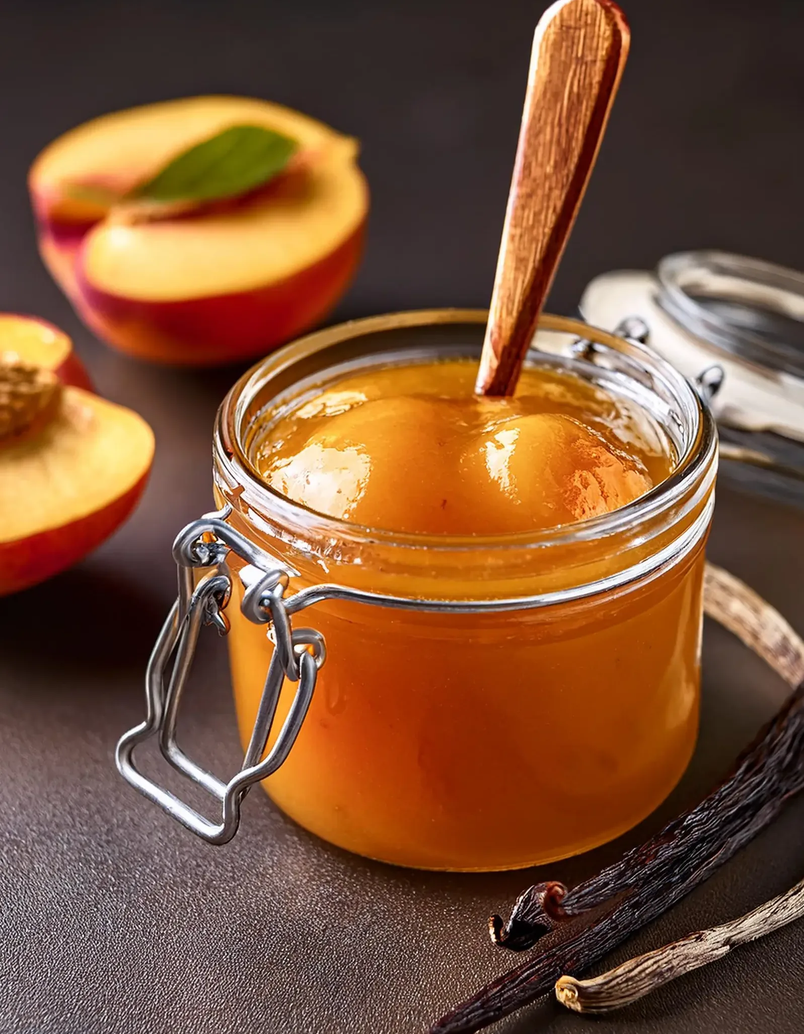 Golden peach jam in a glass jar surrounded by ripe peaches and fresh mint leaves