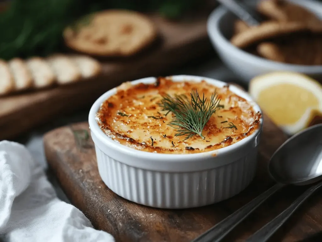 A close-up of a creamy, golden-brown baked dip served in a white ramekin, garnished with fresh dill, placed on a rustic wooden board with crackers, lemon slices, and fresh herbs in the background.