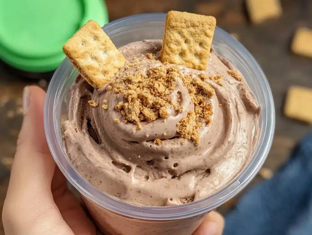 Rich and smooth chocolate protein ice cream served with graham cracker garnish