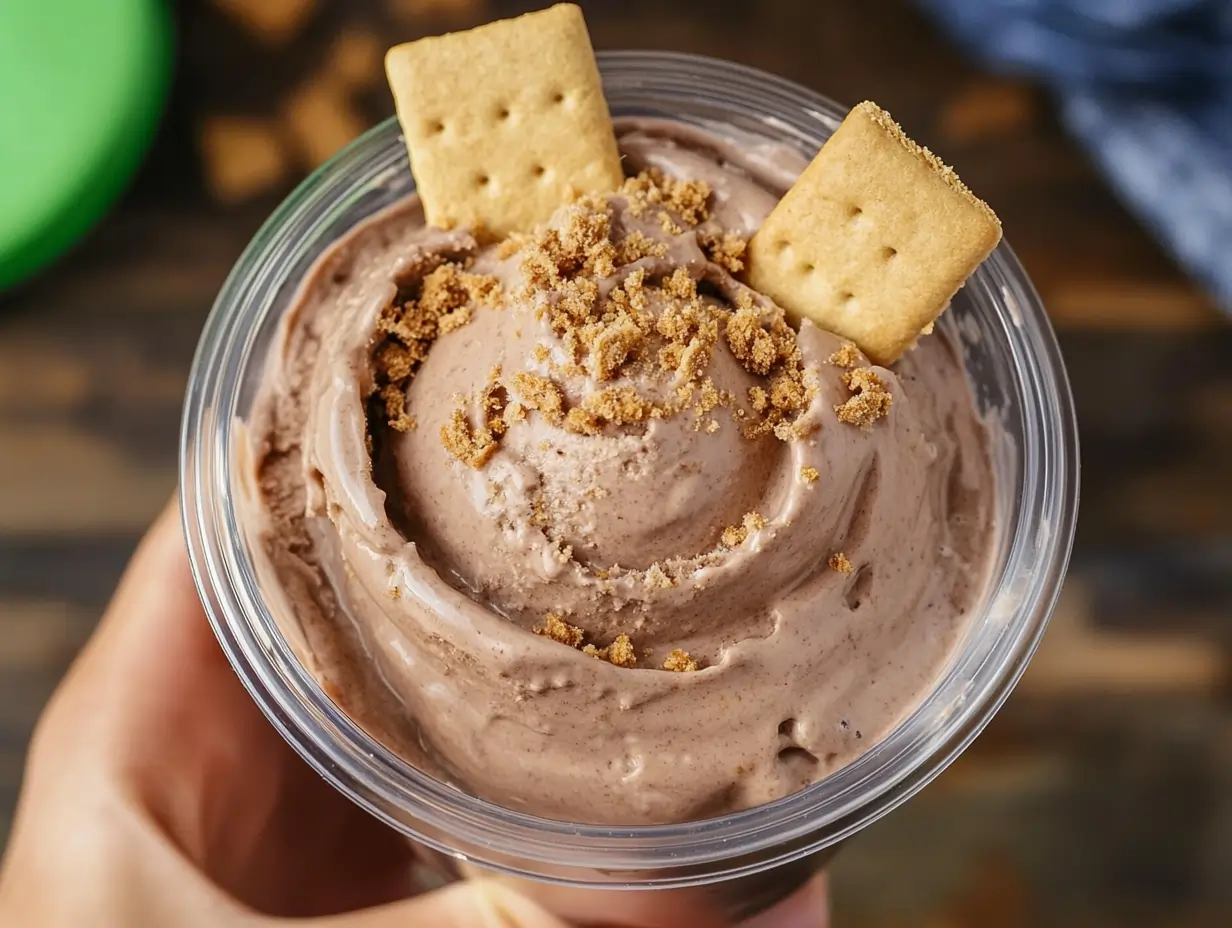 Creamy chocolate protein ice cream in a Ninja Creami pint topped with graham cracker crumbs