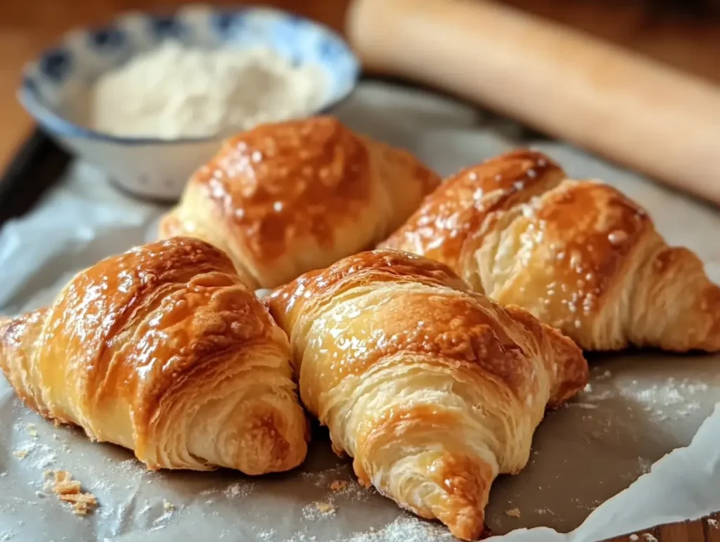  Freshly baked golden Gipfeli on a parchment-lined tray.