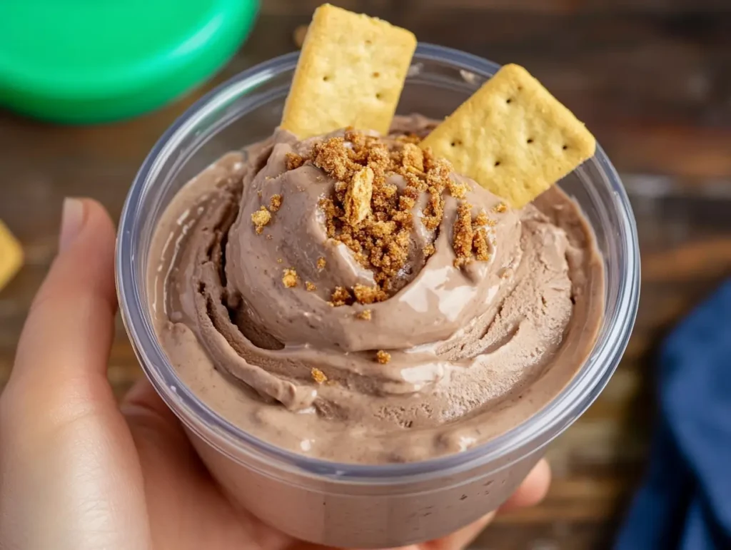 Homemade chocolate protein ice cream with crunchy graham crackers on top