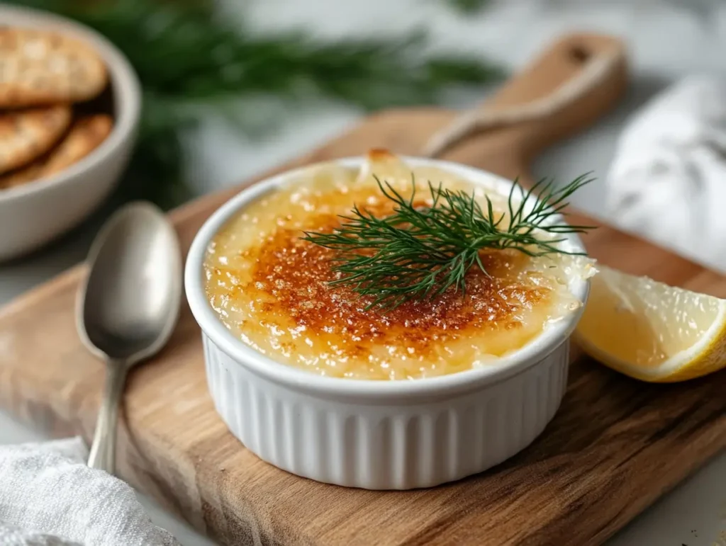 A freshly baked, golden-brown dip in a white ramekin, topped with a sprig of dill, surrounded by crackers, lemon slices, and a rustic wooden background.