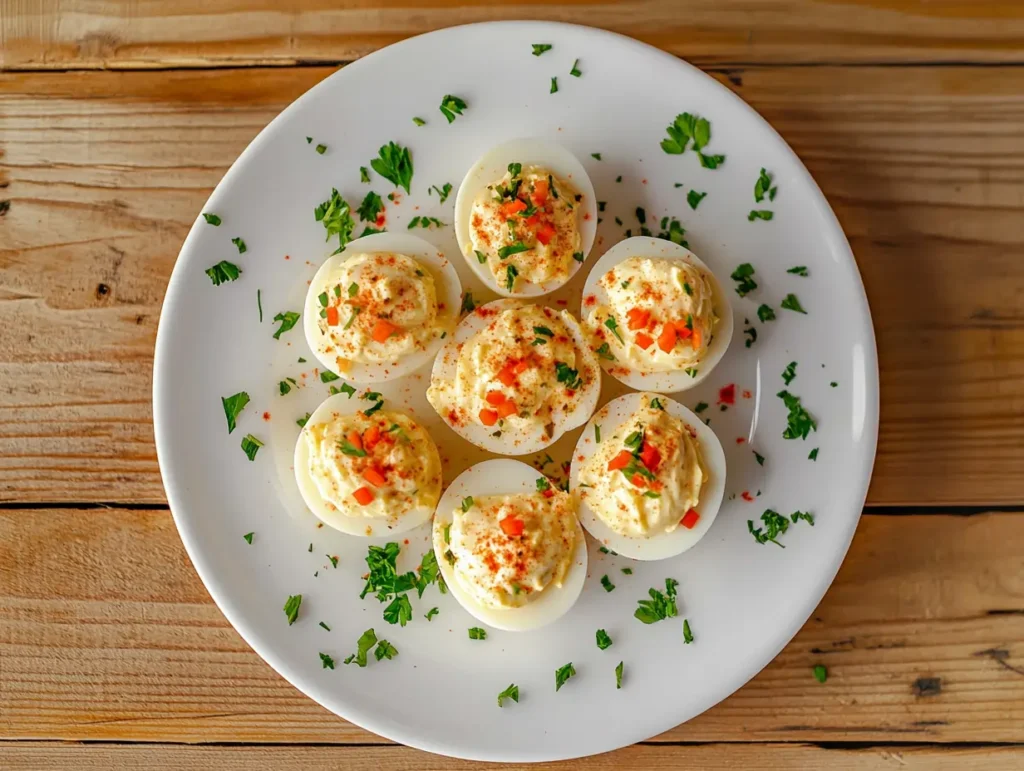 Deviled eggs topped with a creamy filling, garnished with diced red peppers and fresh parsley, served on a white plate.