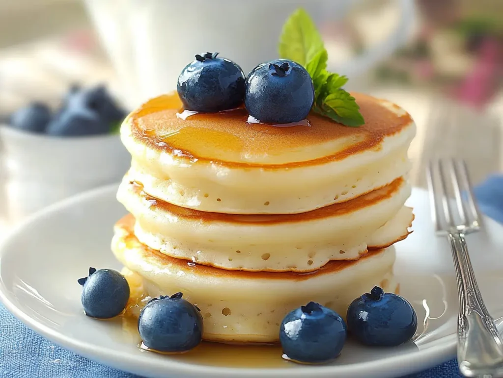 A stack of fluffy pancakes topped with fresh blueberries, drizzled with syrup, and garnished with a sprig of mint, served on a white plate.