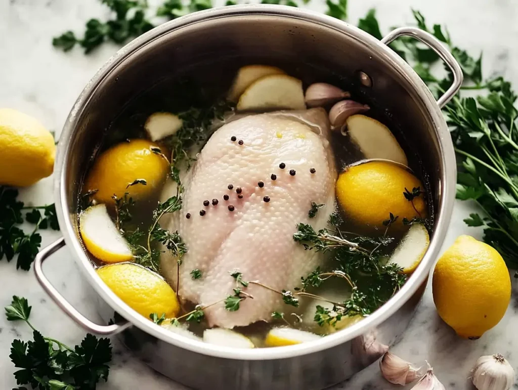 Raw chicken brining in a pot with lemons, garlic, and fresh herbs.