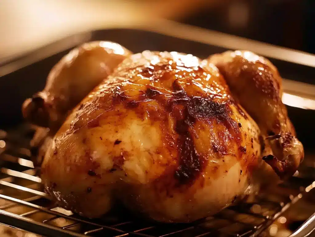 Golden-brown roasted chicken resting on a wire rack in the oven