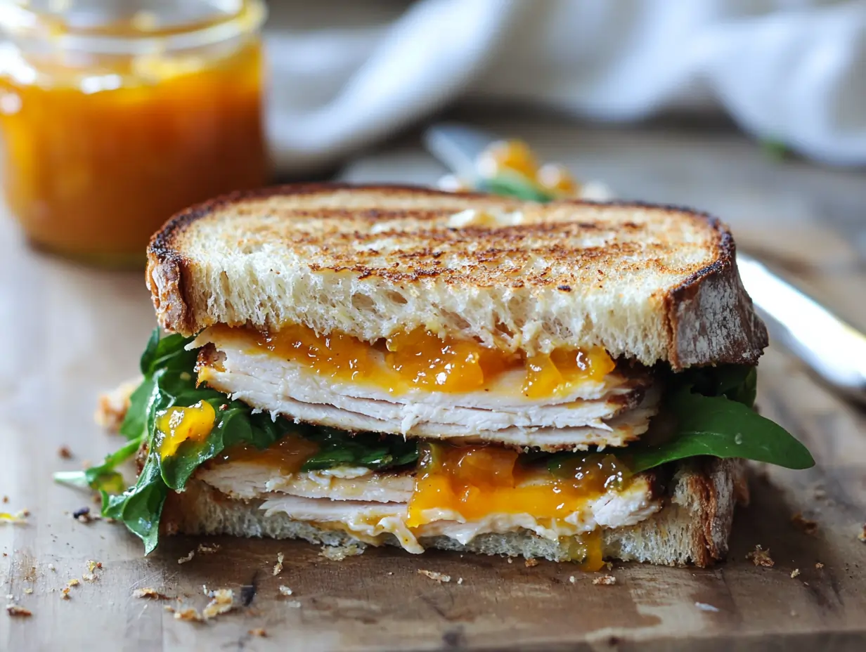 Grilled sandwich with turkey, fresh greens, and peach jalapeño jam on a wooden board.