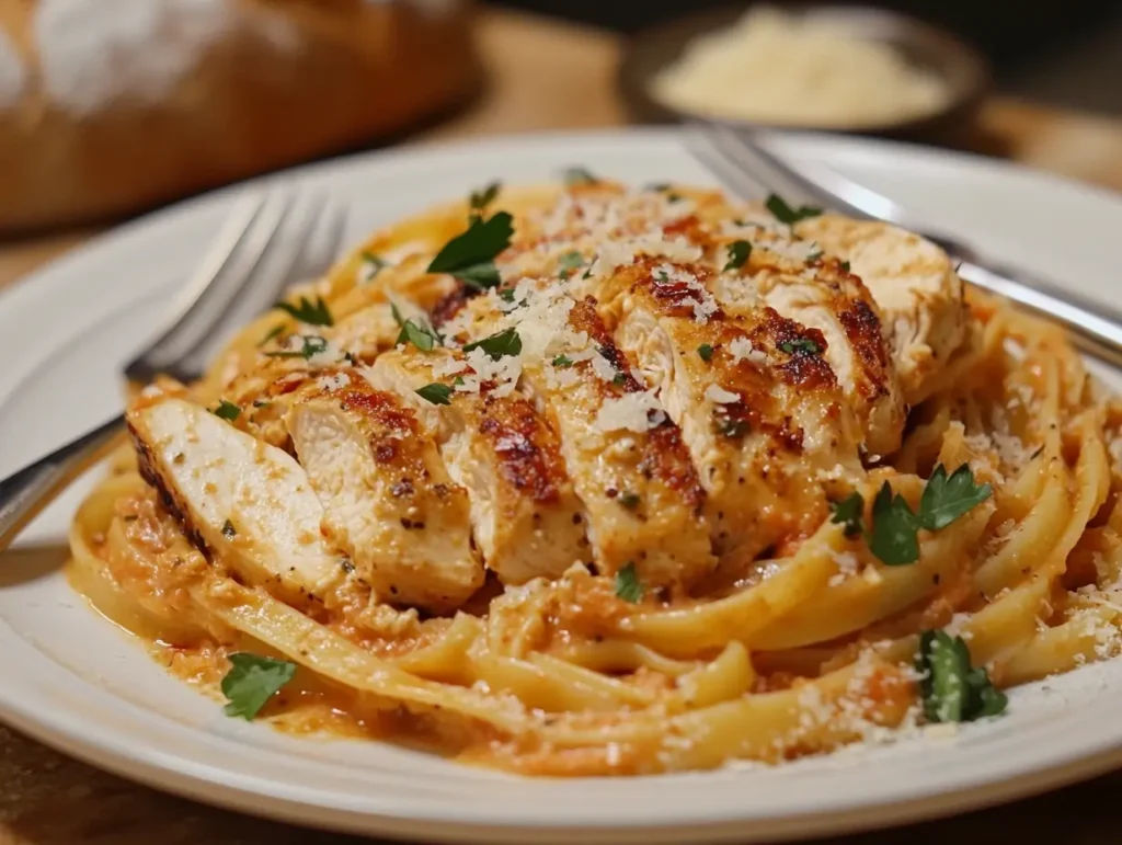 A plate of creamy pasta topped with slices of grilled chicken breast, garnished with fresh parsley and grated cheese, served with a side of bread in the background.