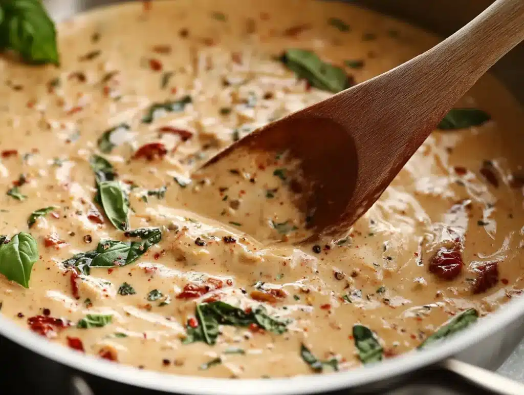 A close-up of creamy marry me chicken pasta sauce