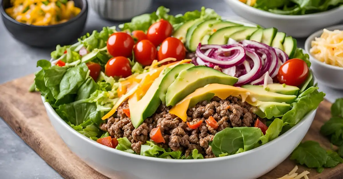 A vibrant burger bowl topped with juicy ground beef, fresh greens, cherry tomatoes, cucumber slices, cheddar cheese, creamy avocado slices, pickles, and a drizzle of secret sauce, garnished with sesame seeds