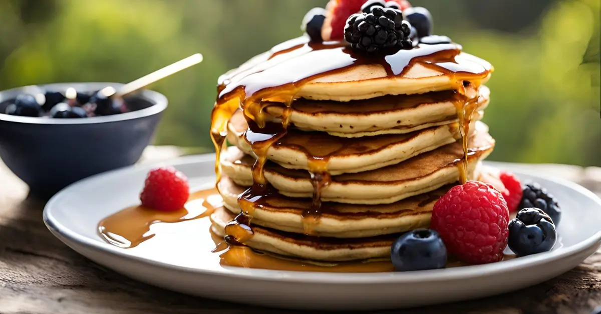 Delicious stack of Kodiak pancakes served with blueberries, raspberries, and maple syrup on a white plate