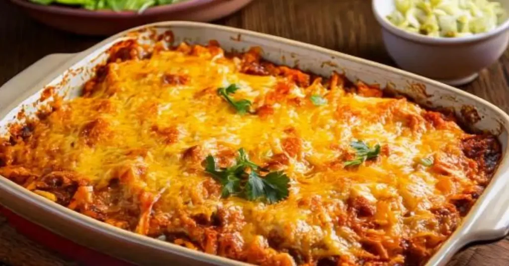 A hearty casserole topped with golden-brown melted cheese and garnished with fresh parsley and green onions, served in a rustic baking dish. Layers of pasta, ground beef, diced tomatoes, corn, and beans are visible, creating a colorful and appetizing look