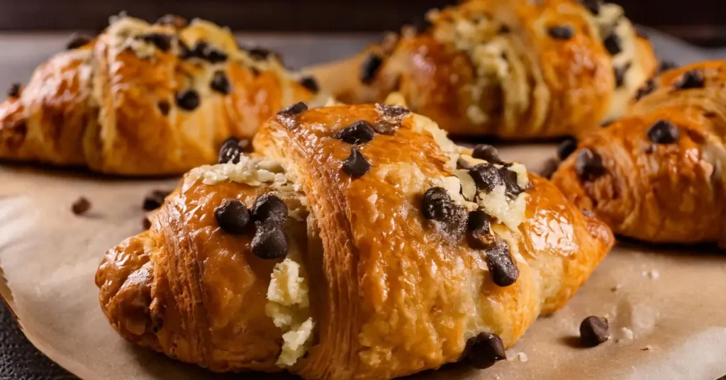 Close-up of crookies, a dessert combining flaky golden-brown croissant dough and soft cookie dough topped with melted chocolate chips, placed on a parchment-lined surface with warm natural lighting