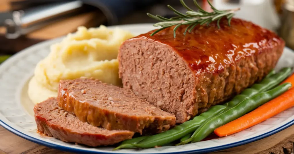 A golden, juicy meatloaf sliced and served on a plate with mashed potatoes and vegetables.