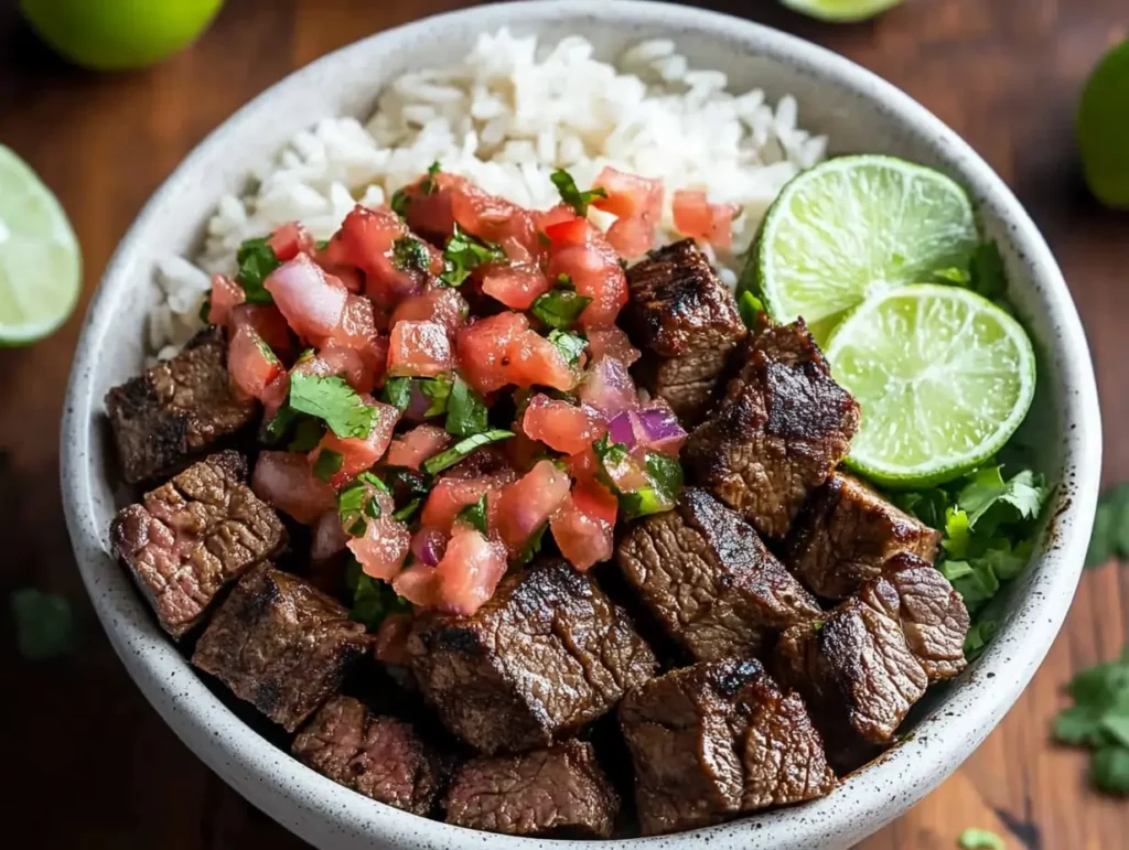 Close-up of a bowl of chipotle-seasoned steak cubes served over rice, accompanied by fresh pico de gallo and lime slices, garnished with cilantro.