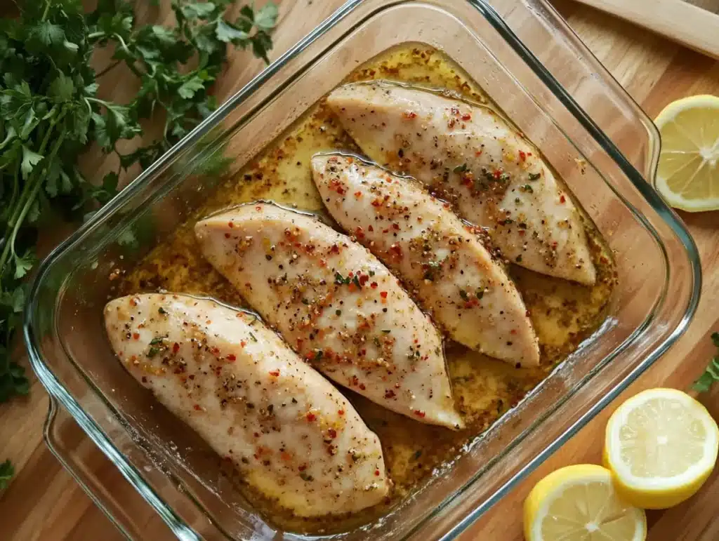 Thinly sliced chicken breasts marinated with herbs, spices, and lemon juice in a glass baking dis