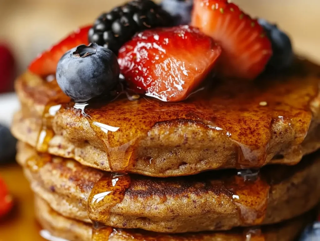 A close-up of fluffy protein pancakes topped with fresh blueberries, strawberries, and blackberries, drizzled with golden syrup.