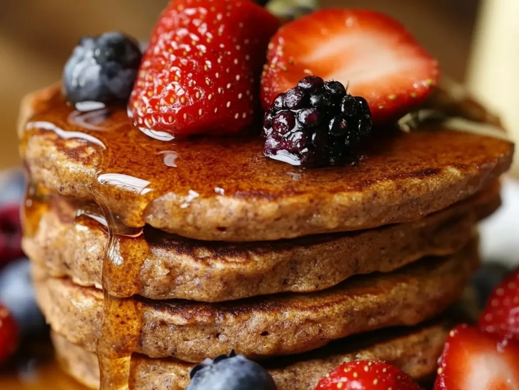 A close-up of stacked protein pancakes topped with fresh strawberries, blueberries, and blackberries, drizzled with golden syrup.