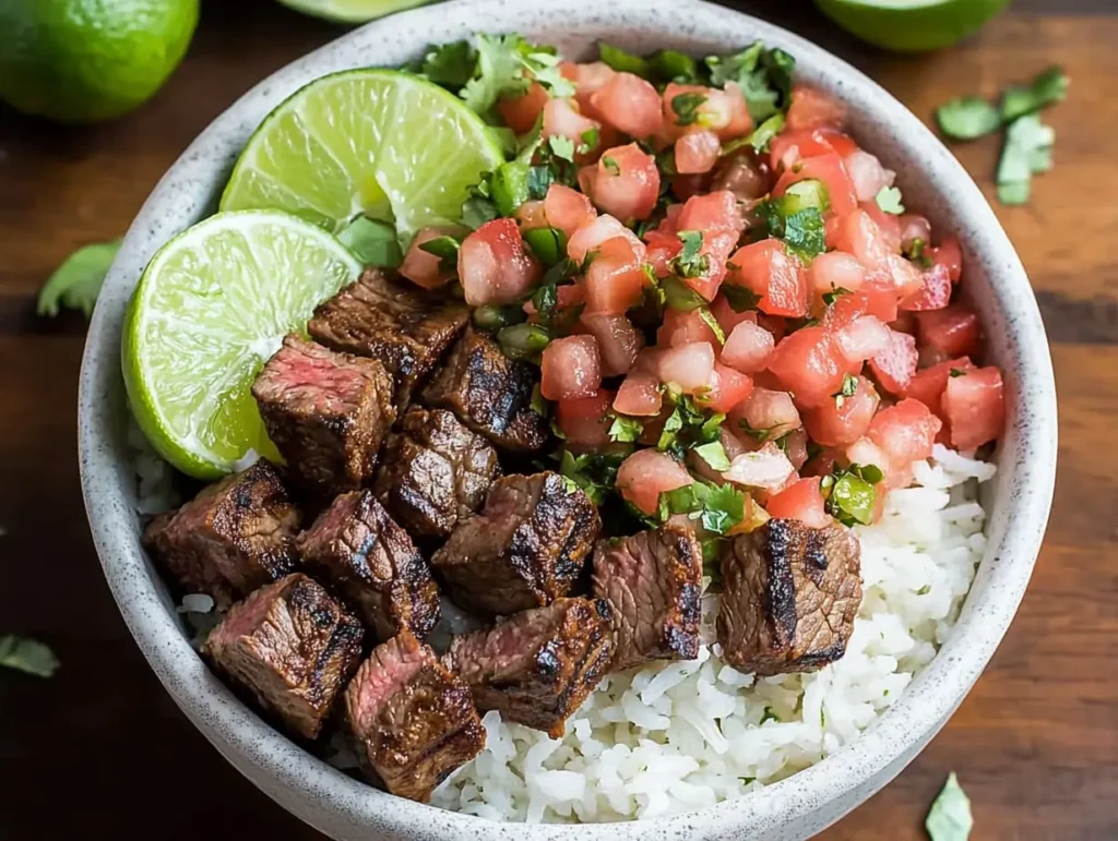 A bowl filled with fluffy white rice, grilled steak cubes, fresh pico de gallo, and lime wedges, garnished with cilantro, placed on a wooden table.