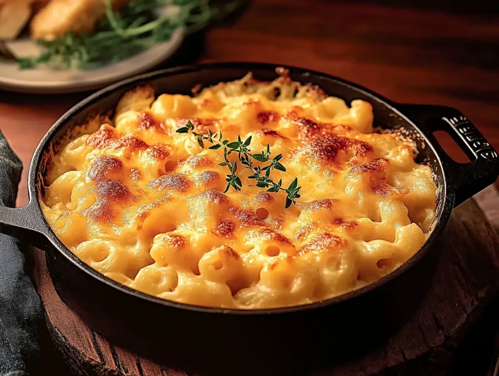 A skillet of smoked mac and cheese with a golden, crispy cheese topping, garnished with fresh thyme, served on a rustic wooden table.