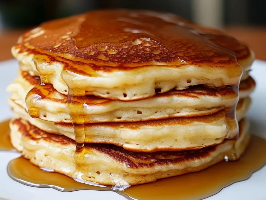 A stack of golden-brown Kodiak pancakes layered on a white plate, with syrup glistening and dripping down the sides.