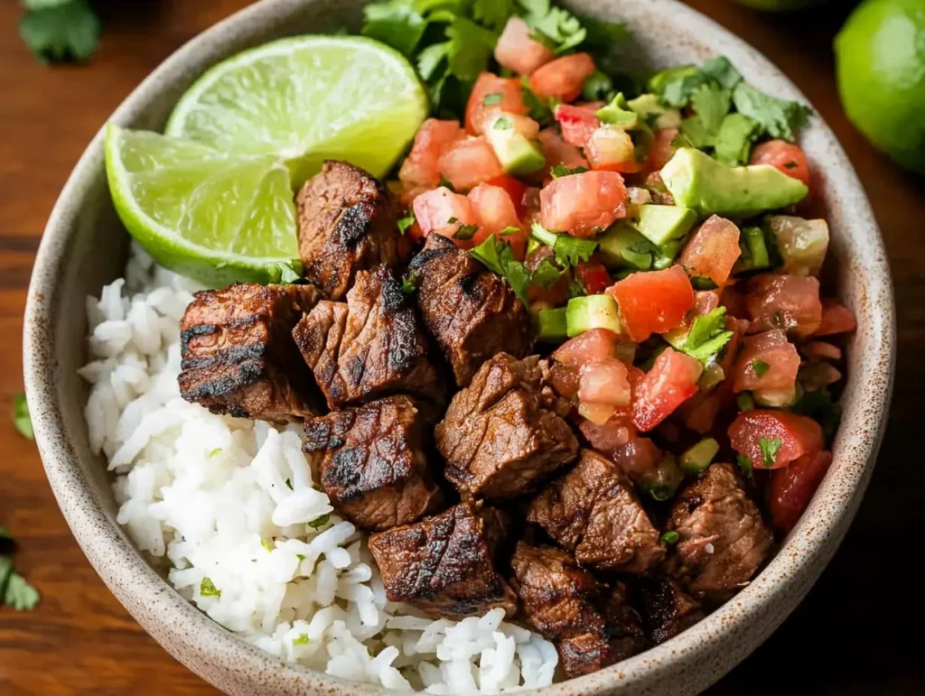 A bowl filled with white rice, juicy chipotle-marinated steak bites, fresh pico de gallo, and lime wedges, garnished with cilantro on a wooden table.