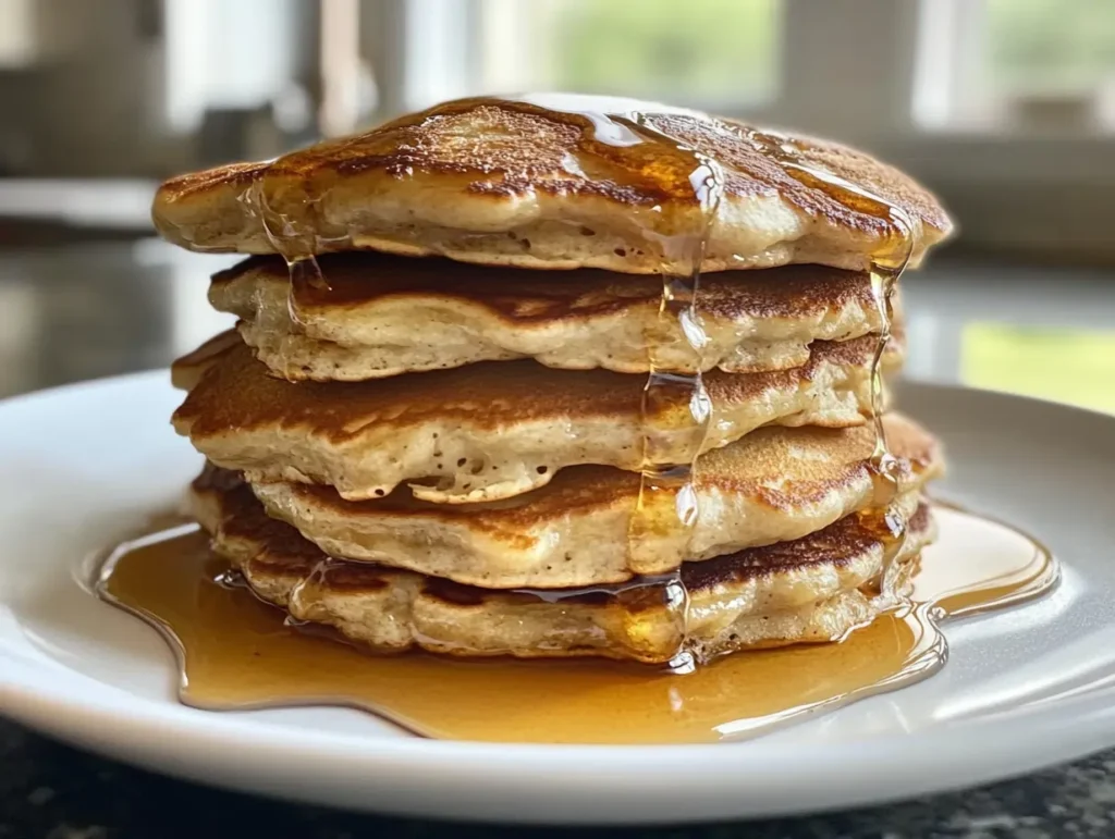 Fluffy Kodiak pancakes stacked high, topped with syrup, served on a white plate with a soft, blurred background.