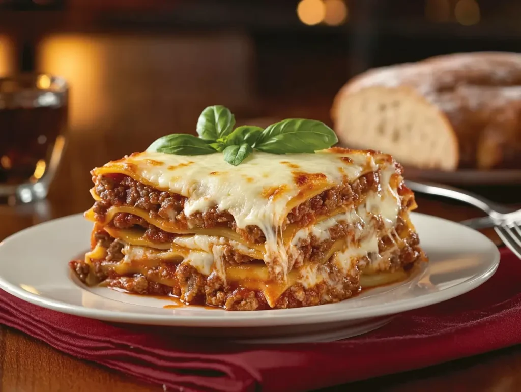 A slice of Barilla lasagna recipe, featuring layers of rich meat sauce, pasta, and melted cheese, served on a white plate with fresh basil garnish and bread in the background.

