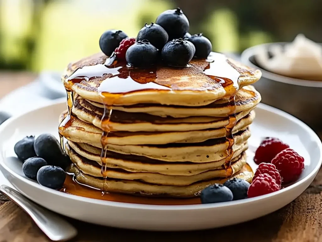 Stack of fluffy gluten-free Kodiak pancakes topped with fresh blueberries, raspberries, and a drizzle of maple syru