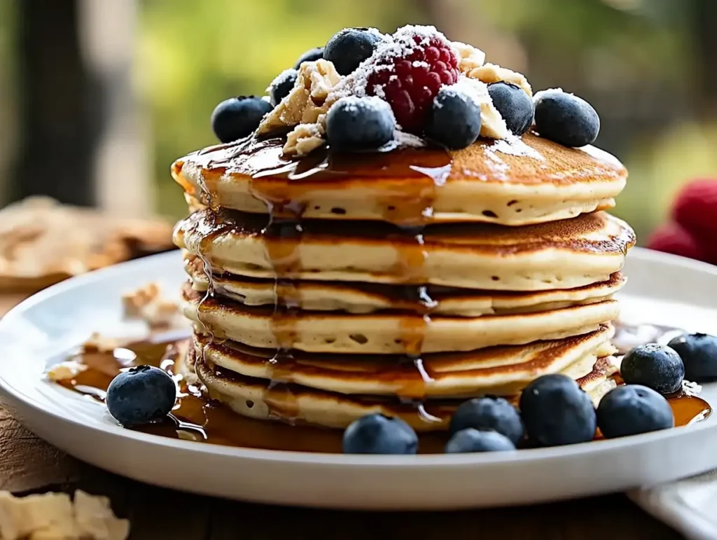 Golden gluten-free pancakes with fresh berries and syrup, perfect for a hearty breakfast