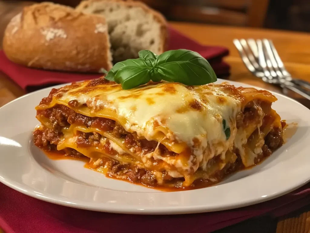 Barilla lasagna recipe with perfectly baked layers of pasta, savory meat sauce, and creamy cheese, presented on a white plate with a side of bread and basil.

