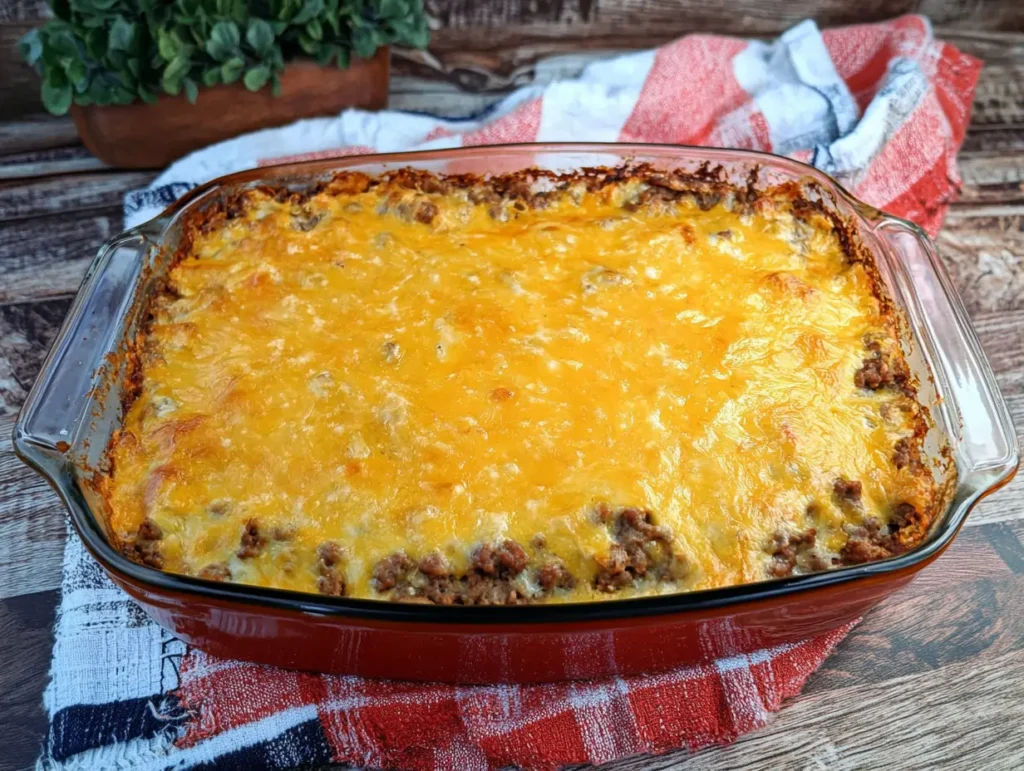 A freshly baked casserole with a golden-brown layer of melted cheddar cheese in a glass baking dish, set on a rustic wooden surface with a red-and-white checkered cloth.