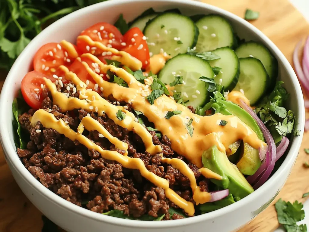 Fresh burger bowl with seasoned ground beef, cucumber slices, cherry tomatoes, avocado, and creamy dressing drizzled on top.