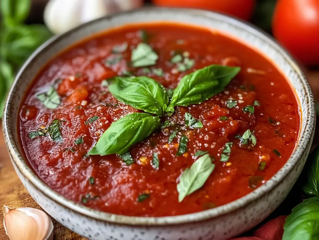 A bowl of homemade marinara sauce garnished with fresh basil leaves, surrounded by tomatoes, garlic, and herbs on a rustic wooden table.

