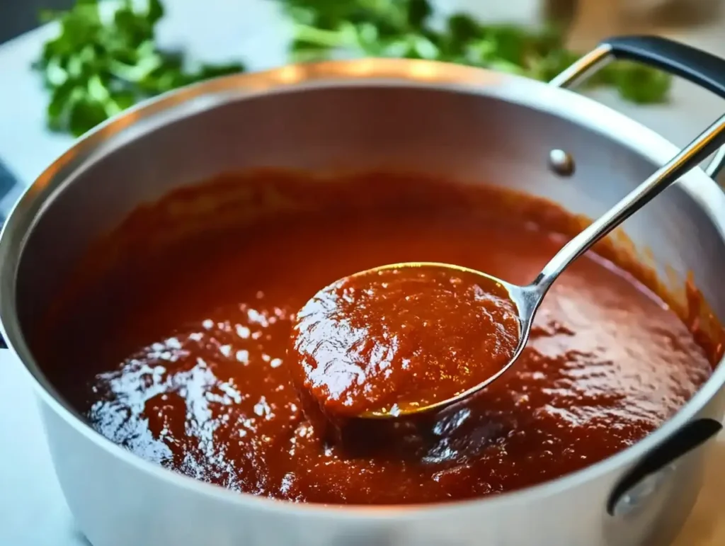 Rich and vibrant marinara sauce in a white bowl, topped with basil, with fresh tomatoes and garlic scattered around.

