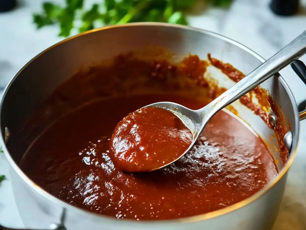 Fresh marinara sauce with a garnish of basil, displayed alongside raw ingredients like tomatoes, garlic, and herbs on a rustic kitchen surface.