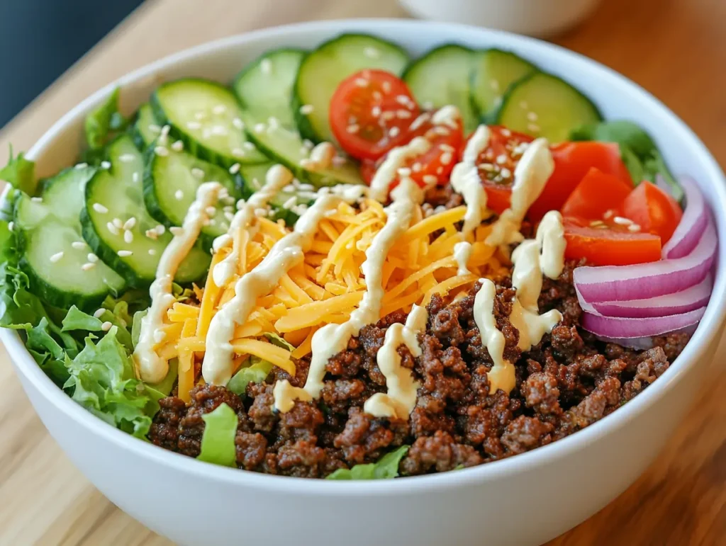 Homemade burger bowl featuring ground beef, colorful vegetables, and sesame seeds in a white bowl.