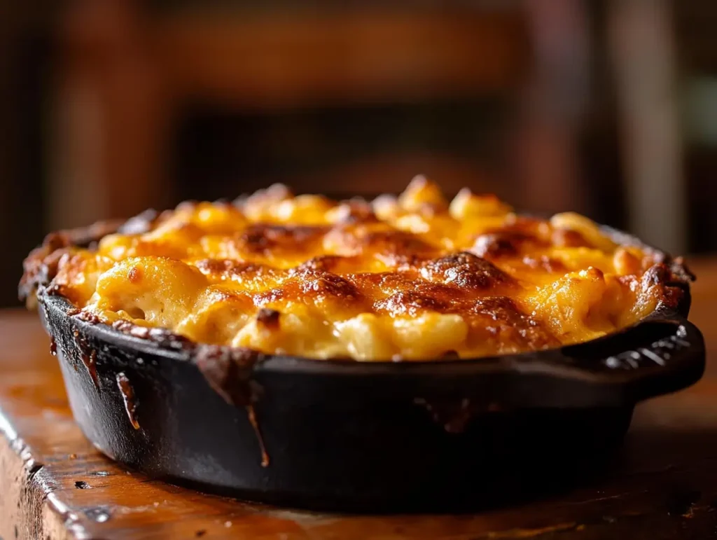 a dish of smoked mac and cheese. The creamy macaroni is topped with a golden, smoky crust, with hints of melted cheese and crispy edges