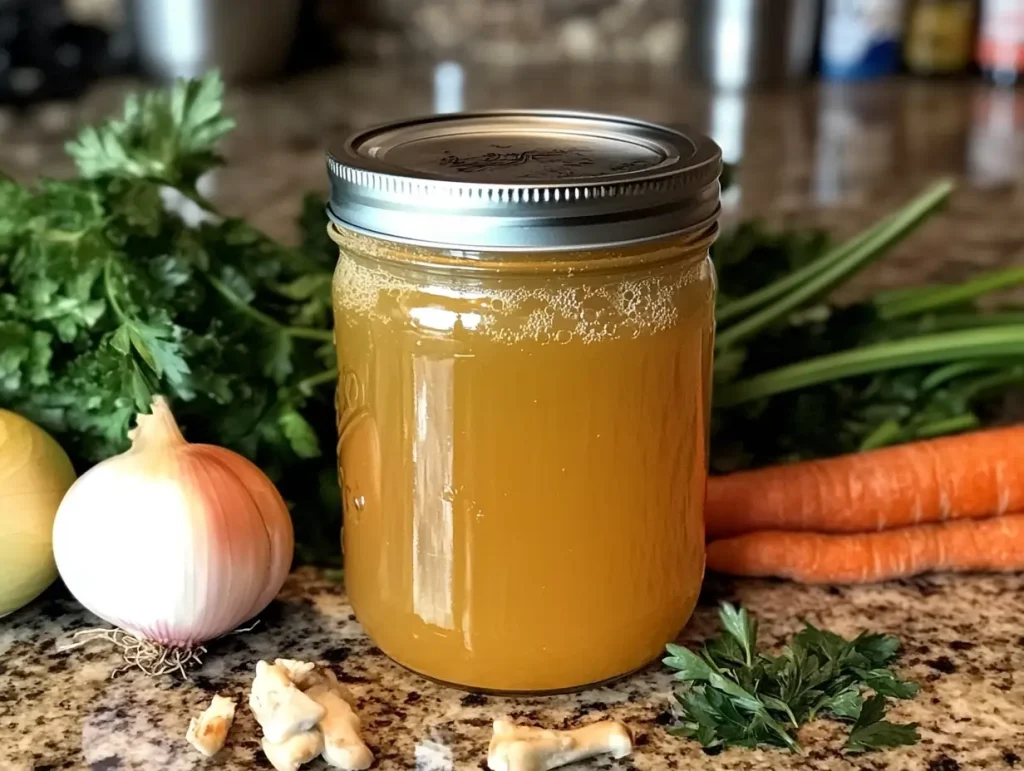 Chicken bone broth in a Jara