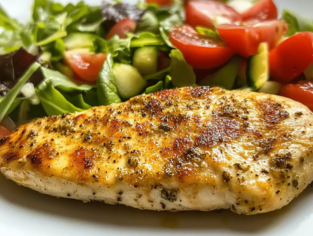 Grilled chicken breast seasoned with spices, served with a fresh green salad featuring cherry tomatoes, cucumbers, and mixed leafy greens on a white plate.

