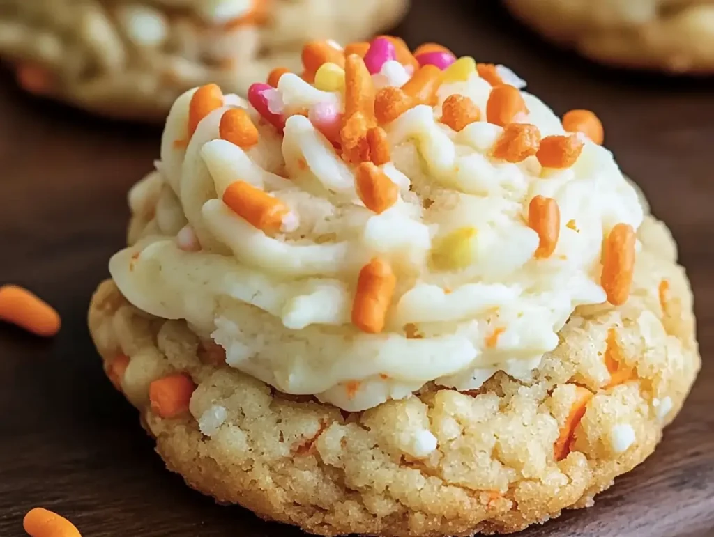 Homemade carrot cake cookies topped with piped cream cheese frosting and festive sprinkles.