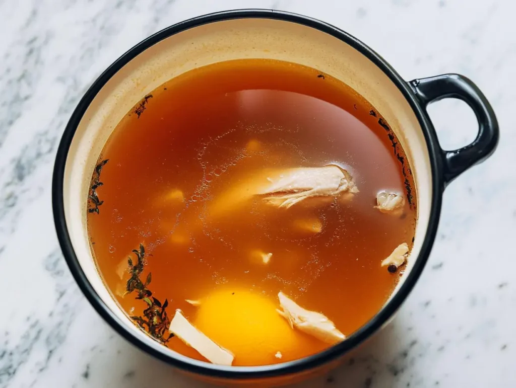  A steaming bowl of golden chicken bone broth garnished with fresh parsley and thyme, served in a rustic ceramic bowl on a wooden table.