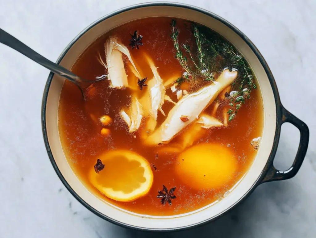  A pot of homemade chicken bone broth with shredded chicken, fresh thyme, lemon slices, and star anise, served in a black cast-iron pot.