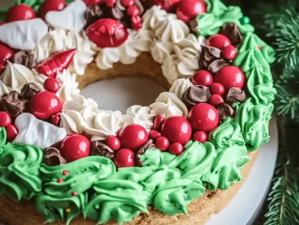 Festive Christmas cookie cake decorated with green and white frosting, red candies, chocolate chips, and holiday-themed sprinkles in a wreath shape