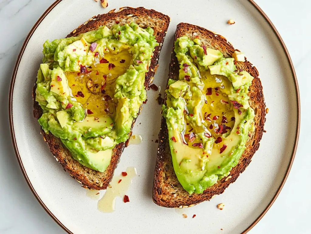 A crispy whole-grain toast topped with mashed avocado, drizzled with honey, sprinkled with red pepper flakes, and served on a white plate.