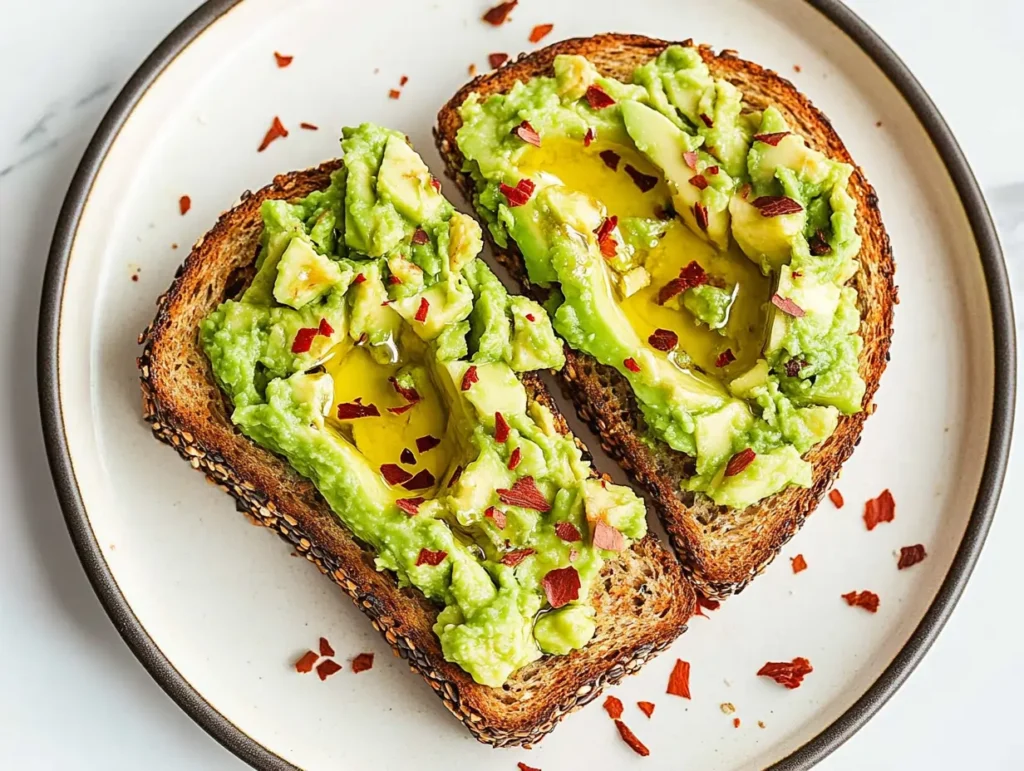 Crispy toasted whole-grain bread topped with creamy mashed avocado, drizzled with honey, and sprinkled with red pepper flakes for a sweet and spicy twist.