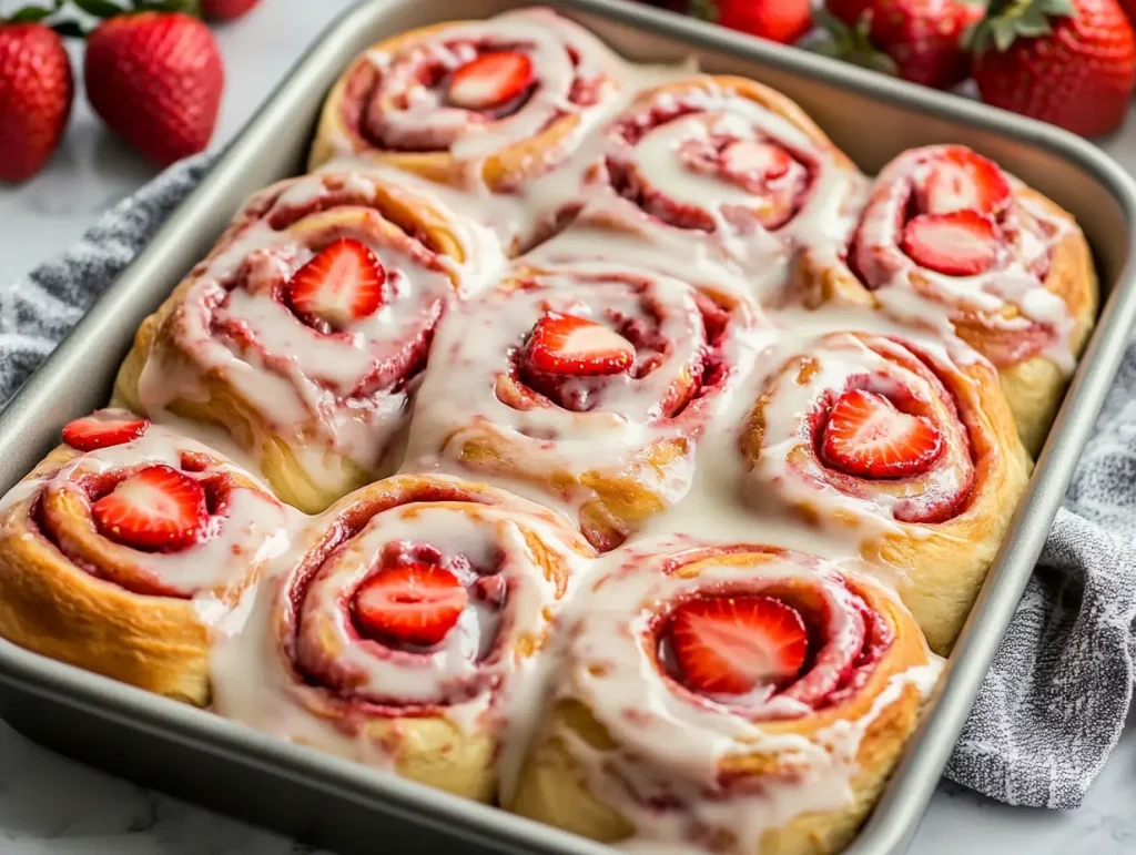 Strawberry cheesecake cinnamon rolls in a baking pan, swirled with strawberry filling and topped with cream cheese glaze and fresh strawberry slices. Styled on a marble countertop with whole strawberries and a kitchen towel in the background