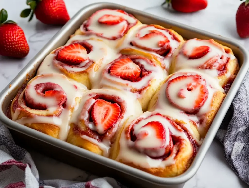 Strawberry cheesecake cinnamon rolls in a baking pan, swirled with strawberry filling and topped with cream cheese glaze and fresh strawberry slices. Styled on a marble countertop with whole strawberries and a kitchen towel in the background.